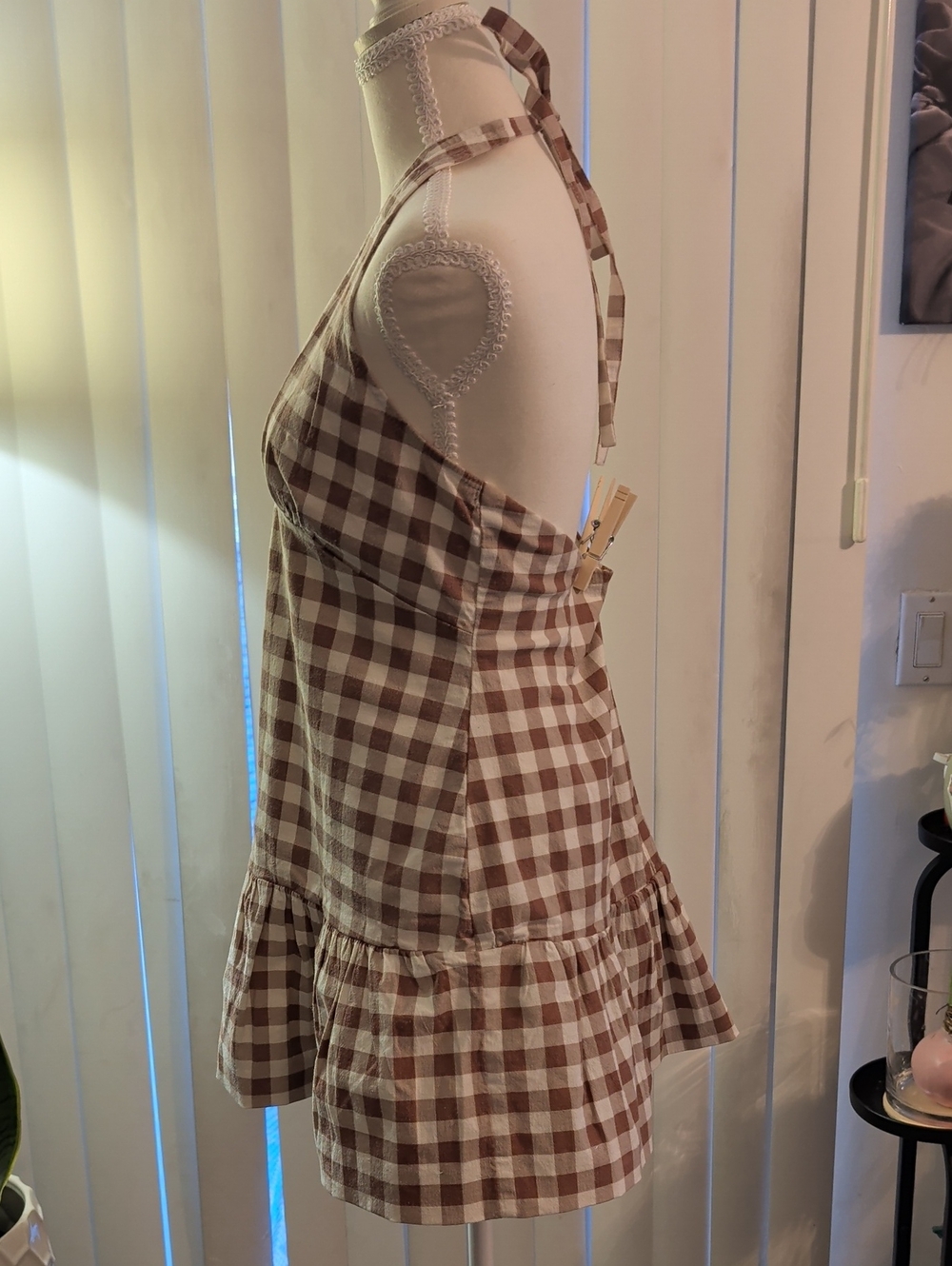 Free People Beige & Cream Gingham Halter Dress, L - Picture 7 of 8
